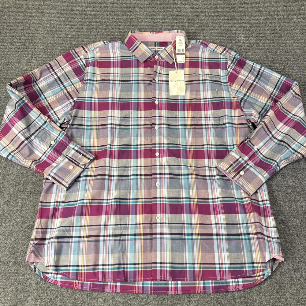Tommy Bahama Shirt Mens 2XL Multicolor Silk Blend Check Long Sleeve Flip Cuff
